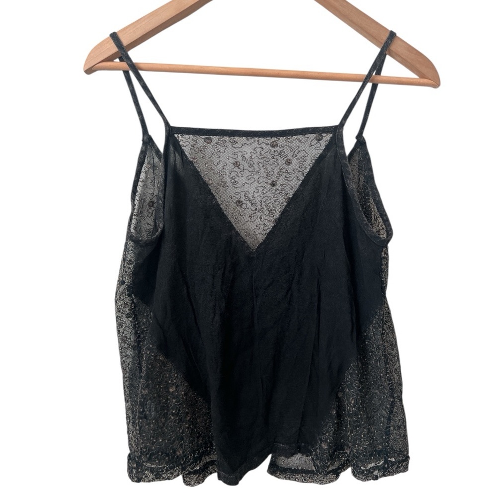 NWT POL Black Brown Sheer Embroidered Tie Back Sleeveless Cami Chemise Top Small
